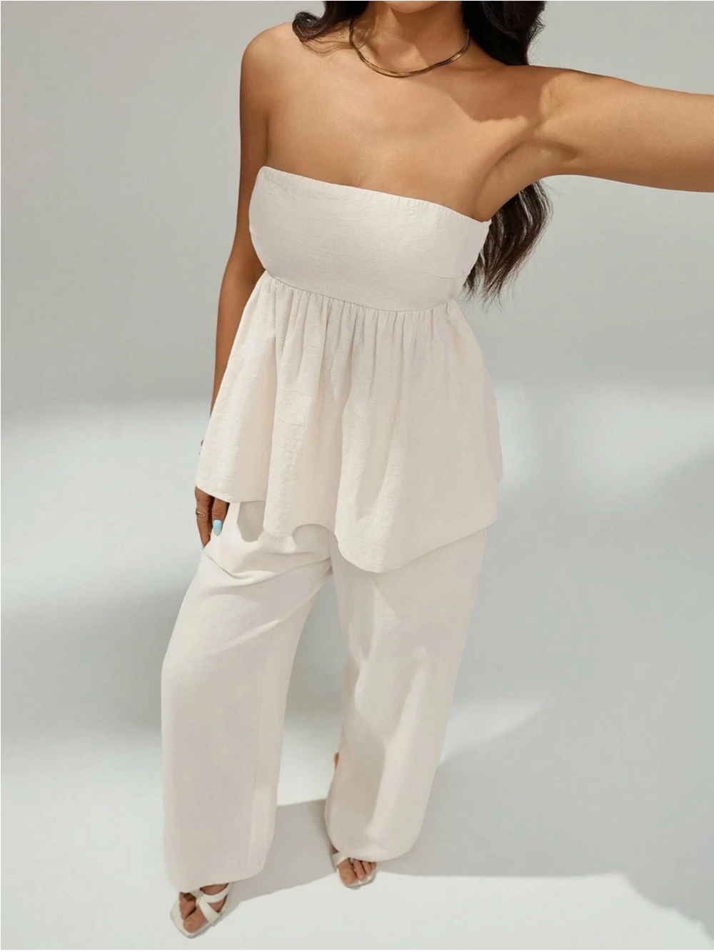 Two-Piece Bandeau Top Long Pants Set Woven Petites Size XS Beige - Picture 4 of 10